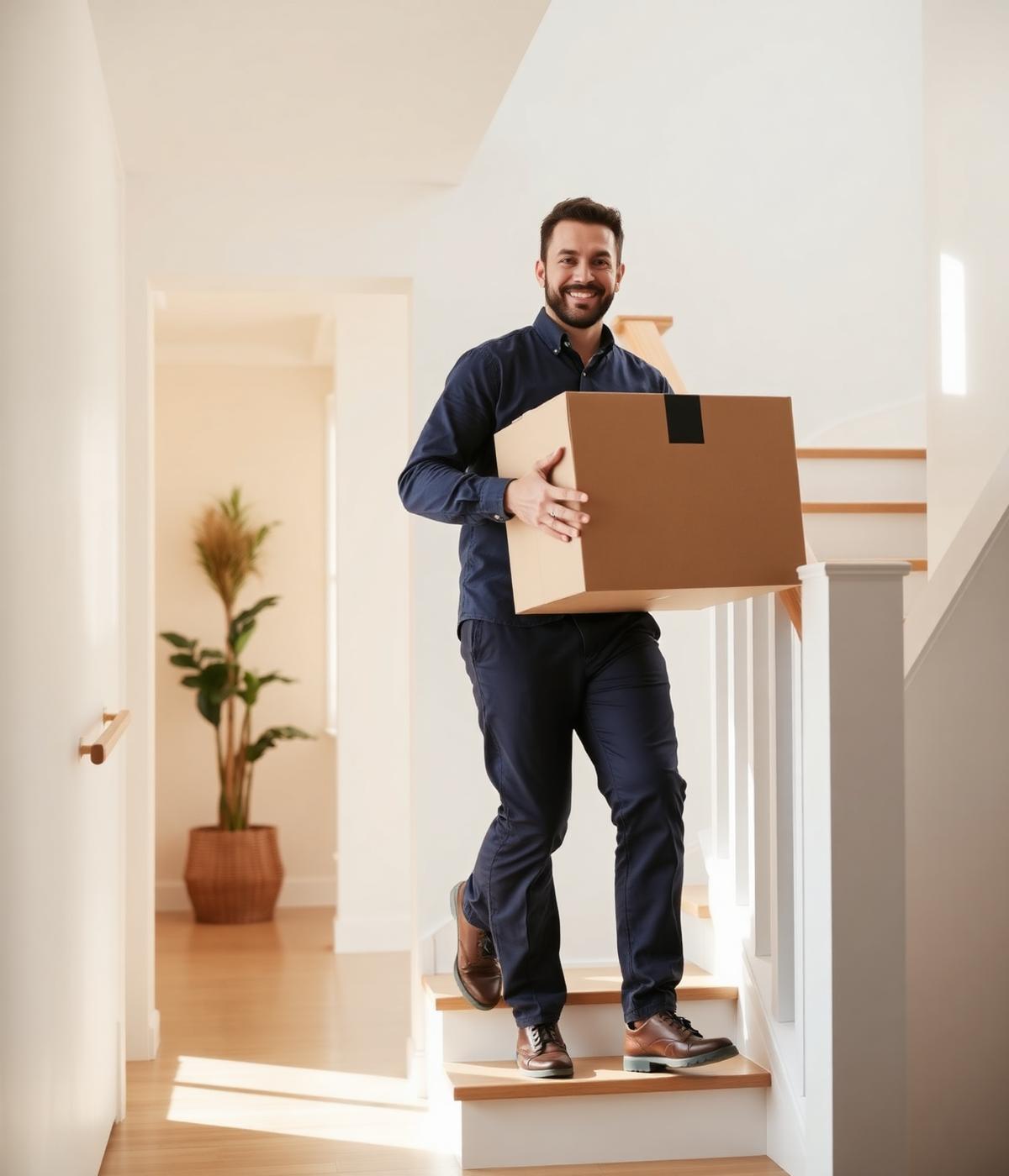 A Delivered partner carrying a package up a staircase